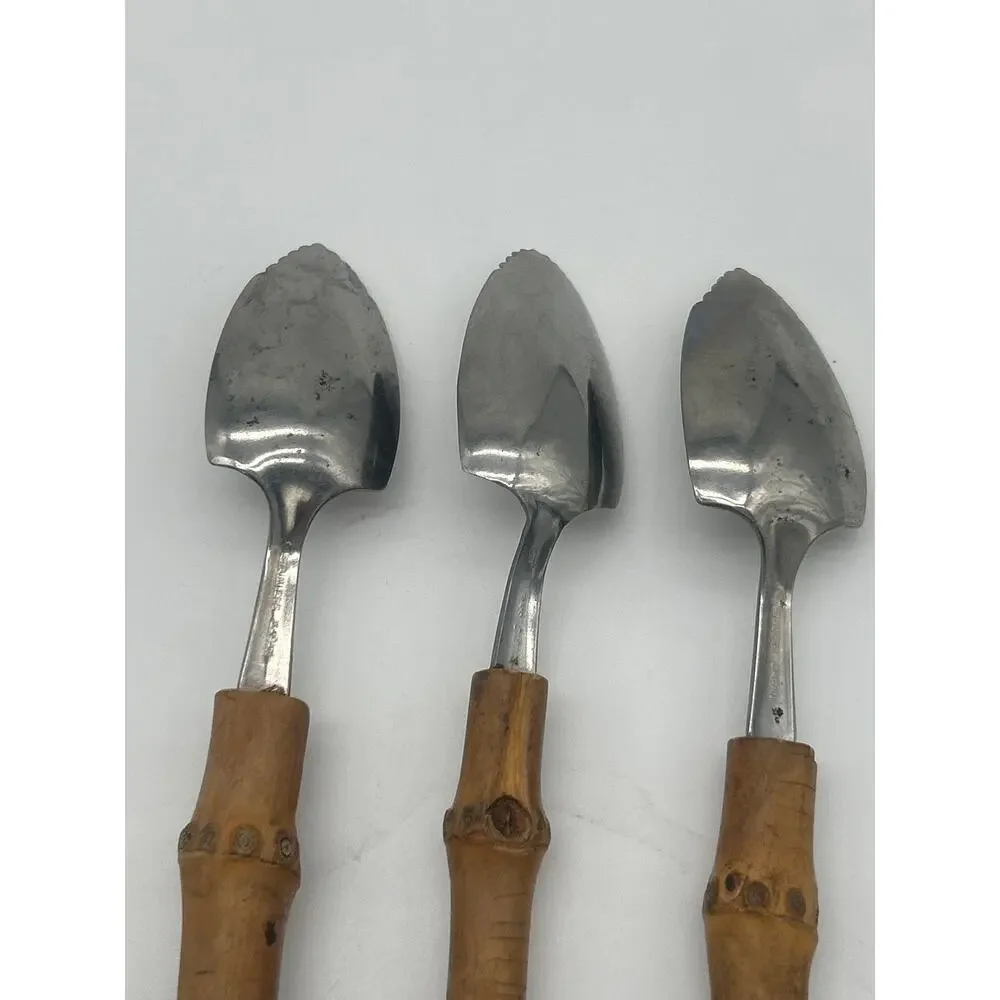 Vintage Japan Stainless Grapefruit Spoons Serrated Bamboo MCM Tiki Set of 3